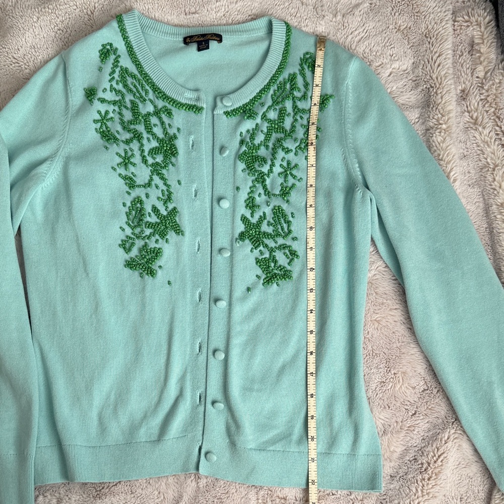 Brooks Brothers Light Blue Cardigan with Green Embellishments